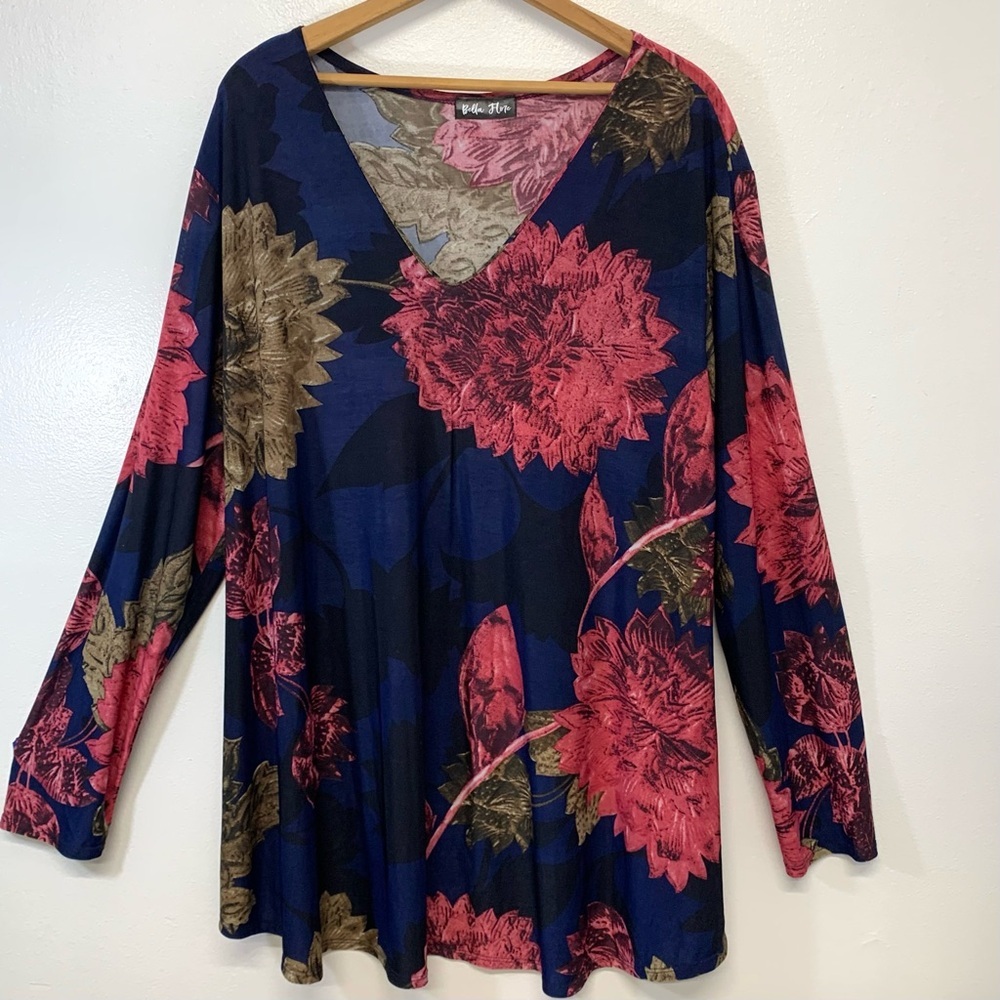 Bella Flore Top Tunic Woman 3X  Dark Floral Stretch‎ Knit Boho Fairy Office USA